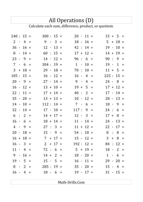 The 100 Horizontal Mixed Operations Questions (Facts 1 to 20) Euro Format (D) Math Worksheet