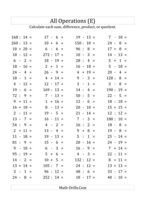 The 100 Horizontal Mixed Operations Questions (Facts 1 to 20) Euro Format (E) Math Worksheet