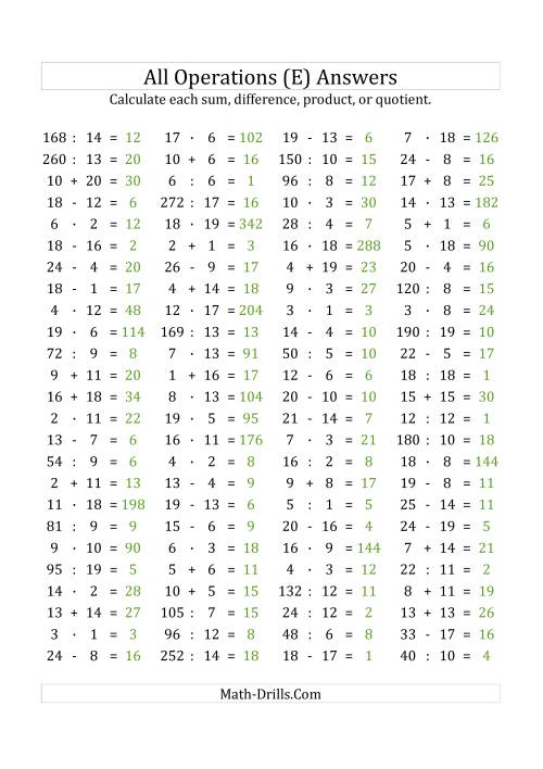The 100 Horizontal Mixed Operations Questions (Facts 1 to 20) Euro Format (E) Math Worksheet Page 2