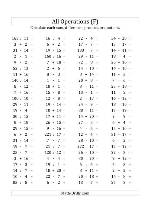 The 100 Horizontal Mixed Operations Questions (Facts 1 to 20) Euro Format (F) Math Worksheet