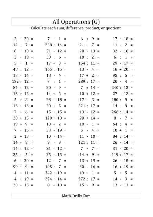 The 100 Horizontal Mixed Operations Questions (Facts 1 to 20) Euro Format (G) Math Worksheet