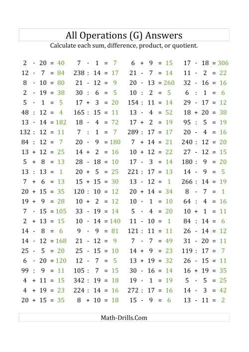 The 100 Horizontal Mixed Operations Questions (Facts 1 to 20) Euro Format (G) Math Worksheet Page 2