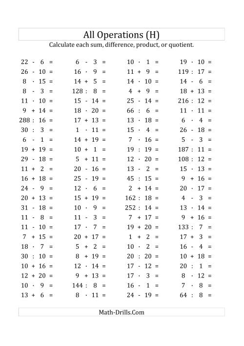 The 100 Horizontal Mixed Operations Questions (Facts 1 to 20) Euro Format (H) Math Worksheet