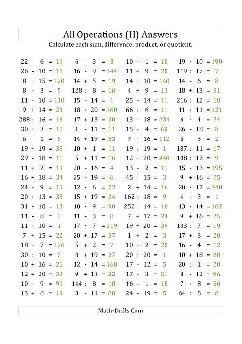 The 100 Horizontal Mixed Operations Questions (Facts 1 to 20) Euro Format (H) Math Worksheet Page 2