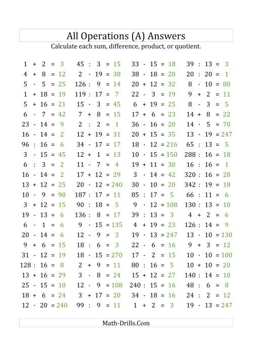 The 100 Horizontal Mixed Operations Questions (Facts 1 to 20) Euro Format (All) Math Worksheet Page 2