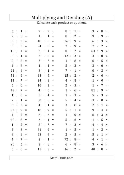 The 100 Horizontal Multiplication/Division Questions (Facts 0 to 9) Euro Format (A) Math Worksheet