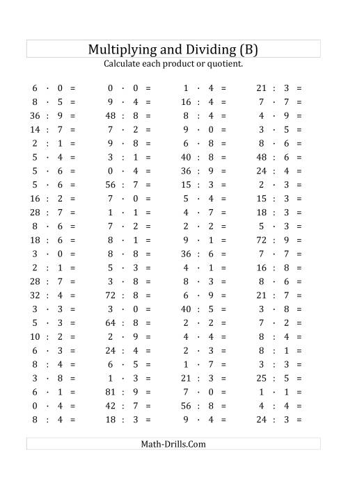 The 100 Horizontal Multiplication/Division Questions (Facts 0 to 9) Euro Format (B) Math Worksheet