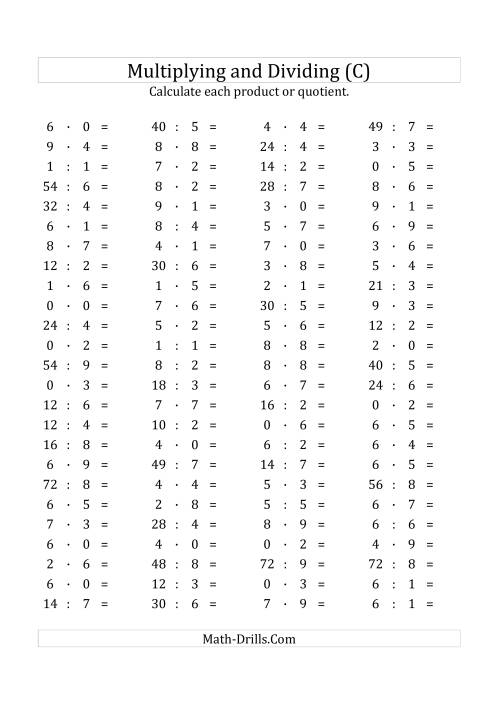 The 100 Horizontal Multiplication/Division Questions (Facts 0 to 9) Euro Format (C) Math Worksheet