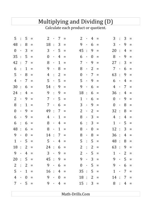 The 100 Horizontal Multiplication/Division Questions (Facts 0 to 9) Euro Format (D) Math Worksheet