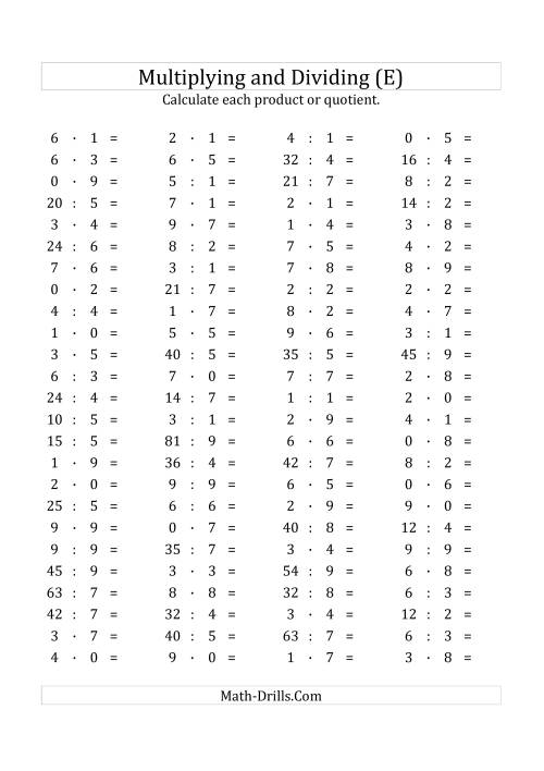 The 100 Horizontal Multiplication/Division Questions (Facts 0 to 9) Euro Format (E) Math Worksheet