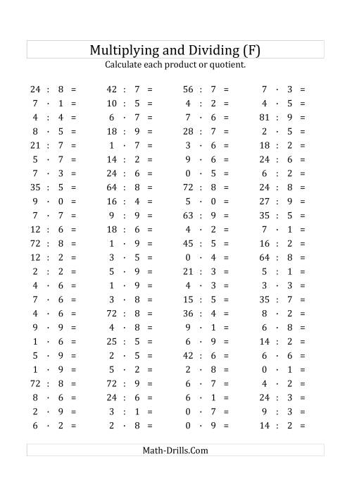 The 100 Horizontal Multiplication/Division Questions (Facts 0 to 9) Euro Format (F) Math Worksheet