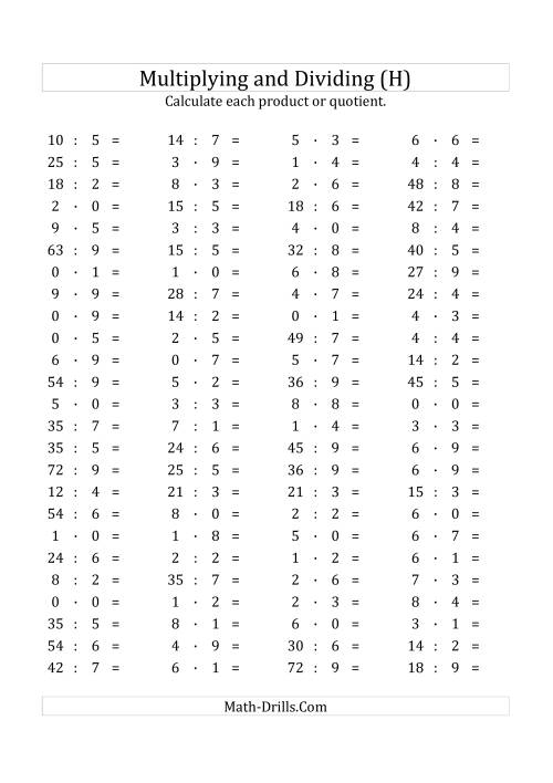 The 100 Horizontal Multiplication/Division Questions (Facts 0 to 9) Euro Format (H) Math Worksheet