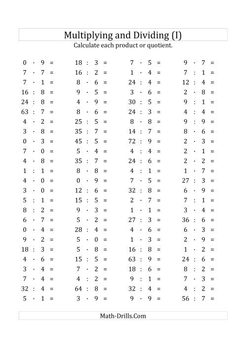 The 100 Horizontal Multiplication/Division Questions (Facts 0 to 9) Euro Format (I) Math Worksheet