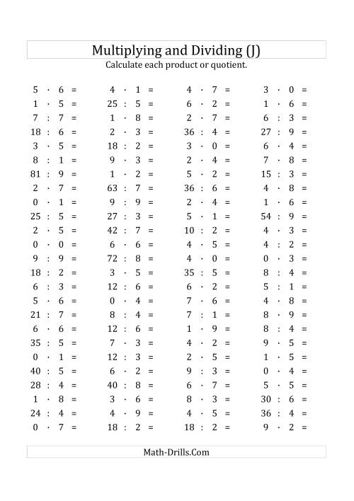 The 100 Horizontal Multiplication/Division Questions (Facts 0 to 9) Euro Format (J) Math Worksheet