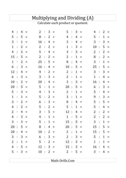 The 100 Horizontal Multiplication/Division Questions (Facts 1 to 5) Euro Format (A) Math Worksheet