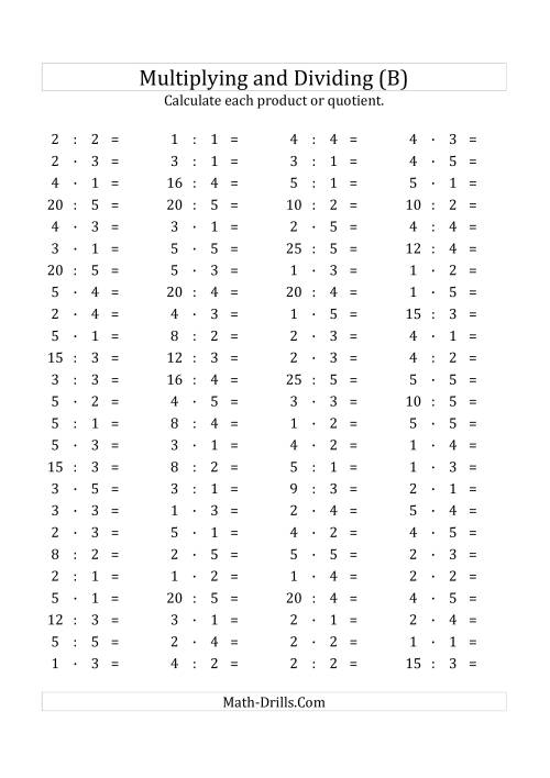The 100 Horizontal Multiplication/Division Questions (Facts 1 to 5) Euro Format (B) Math Worksheet