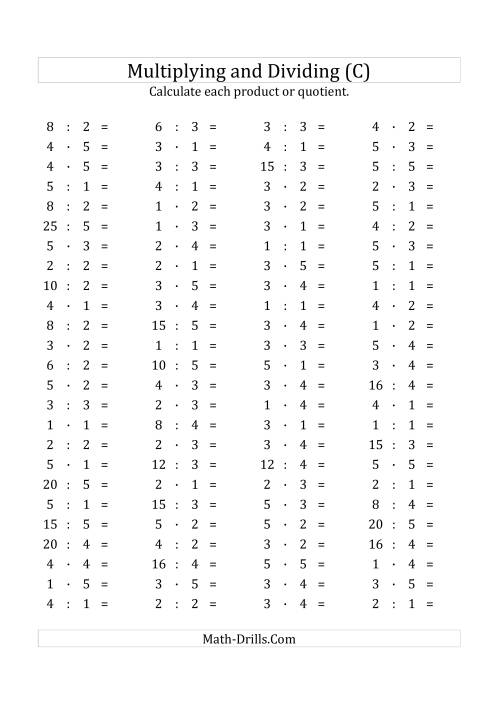 The 100 Horizontal Multiplication/Division Questions (Facts 1 to 5) Euro Format (C) Math Worksheet