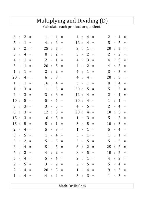 The 100 Horizontal Multiplication/Division Questions (Facts 1 to 5) Euro Format (D) Math Worksheet