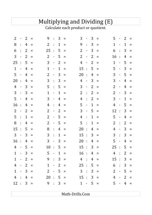 The 100 Horizontal Multiplication/Division Questions (Facts 1 to 5) Euro Format (E) Math Worksheet