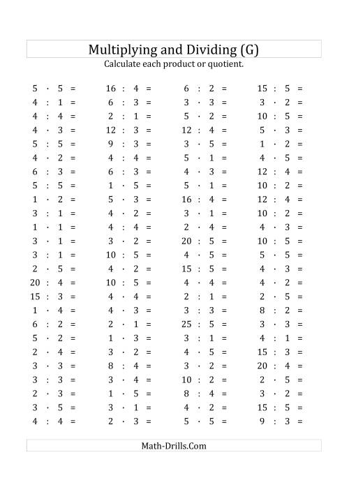The 100 Horizontal Multiplication/Division Questions (Facts 1 to 5) Euro Format (G) Math Worksheet