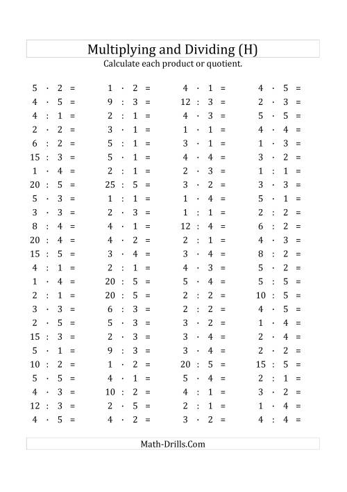 The 100 Horizontal Multiplication/Division Questions (Facts 1 to 5) Euro Format (H) Math Worksheet