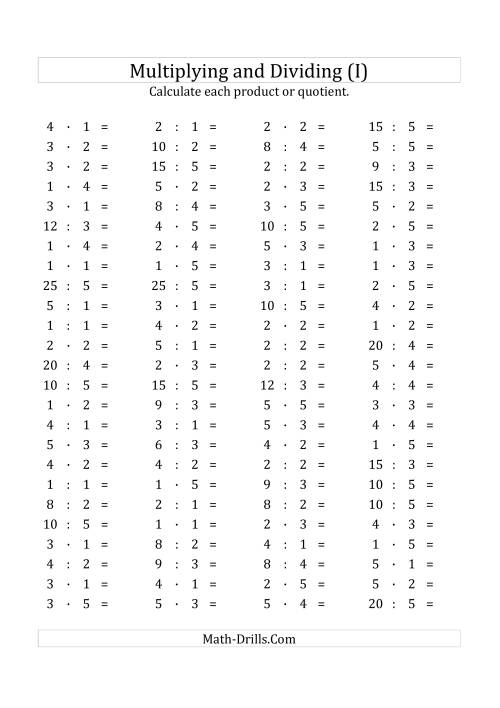 The 100 Horizontal Multiplication/Division Questions (Facts 1 to 5) Euro Format (I) Math Worksheet