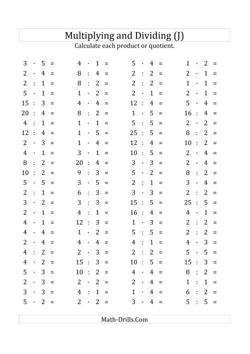 The 100 Horizontal Multiplication/Division Questions (Facts 1 to 5) Euro Format (J) Math Worksheet