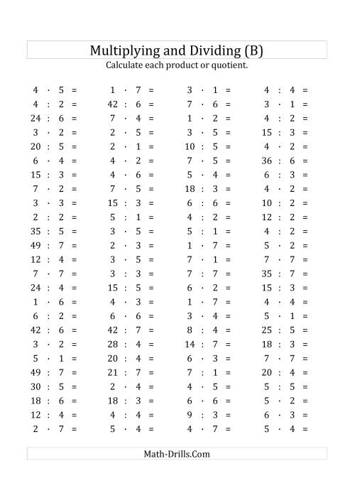 The 100 Horizontal Multiplication/Division Questions (Facts 1 to 7) Euro Format (B) Math Worksheet