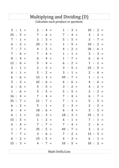 The 100 Horizontal Multiplication/Division Questions (Facts 1 to 7) Euro Format (D) Math Worksheet