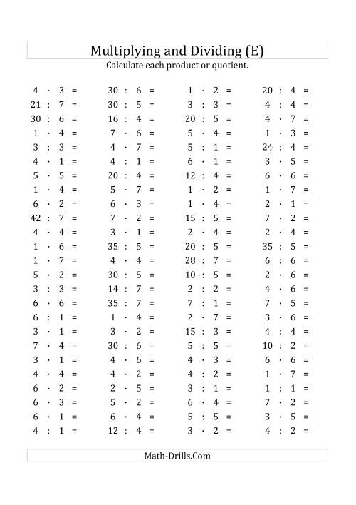 The 100 Horizontal Multiplication/Division Questions (Facts 1 to 7) Euro Format (E) Math Worksheet