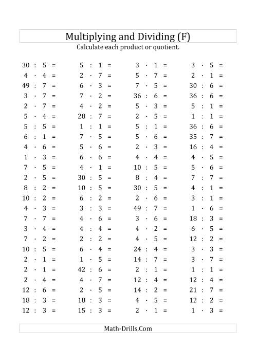 The 100 Horizontal Multiplication/Division Questions (Facts 1 to 7) Euro Format (F) Math Worksheet