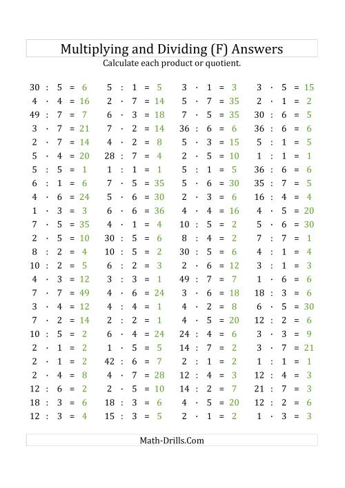 The 100 Horizontal Multiplication/Division Questions (Facts 1 to 7) Euro Format (F) Math Worksheet Page 2