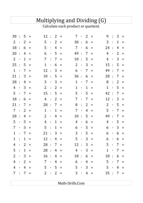 The 100 Horizontal Multiplication/Division Questions (Facts 1 to 7) Euro Format (G) Math Worksheet