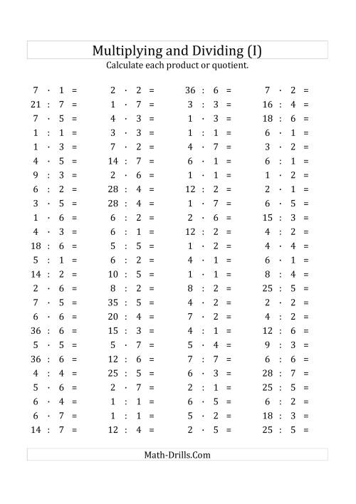 The 100 Horizontal Multiplication/Division Questions (Facts 1 to 7) Euro Format (I) Math Worksheet
