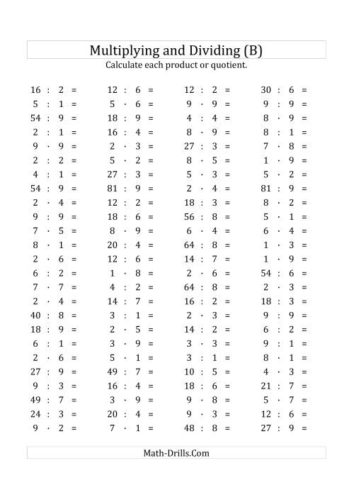 The 100 Horizontal Multiplication/Division Questions (Facts 1 to 9) Euro Format (B) Math Worksheet