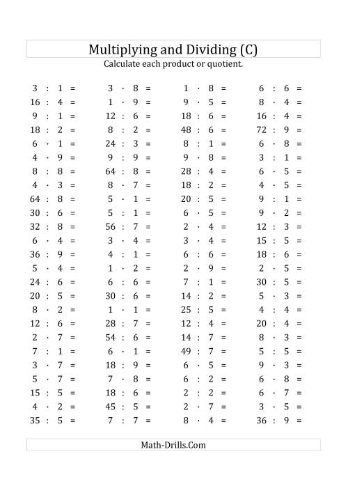 The 100 Horizontal Multiplication/Division Questions (Facts 1 to 9) Euro Format (C) Math Worksheet
