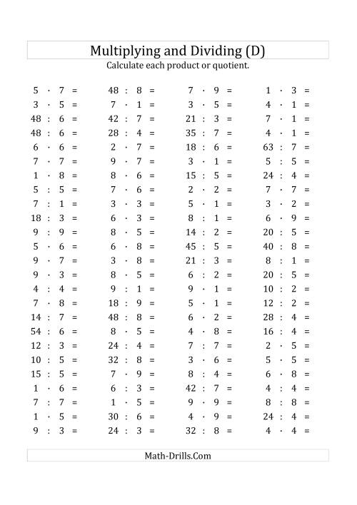 The 100 Horizontal Multiplication/Division Questions (Facts 1 to 9) Euro Format (D) Math Worksheet