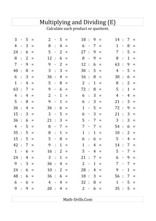 The 100 Horizontal Multiplication/Division Questions (Facts 1 to 9) Euro Format (E) Math Worksheet