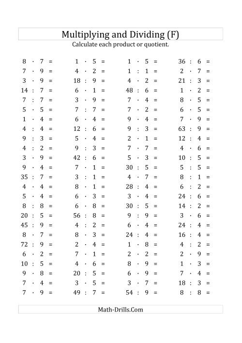 The 100 Horizontal Multiplication/Division Questions (Facts 1 to 9) Euro Format (F) Math Worksheet