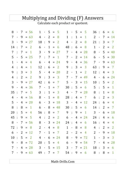 The 100 Horizontal Multiplication/Division Questions (Facts 1 to 9) Euro Format (F) Math Worksheet Page 2