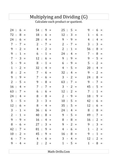 The 100 Horizontal Multiplication/Division Questions (Facts 1 to 9) Euro Format (G) Math Worksheet