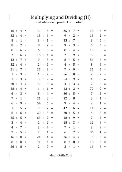 The 100 Horizontal Multiplication/Division Questions (Facts 1 to 9) Euro Format (H) Math Worksheet