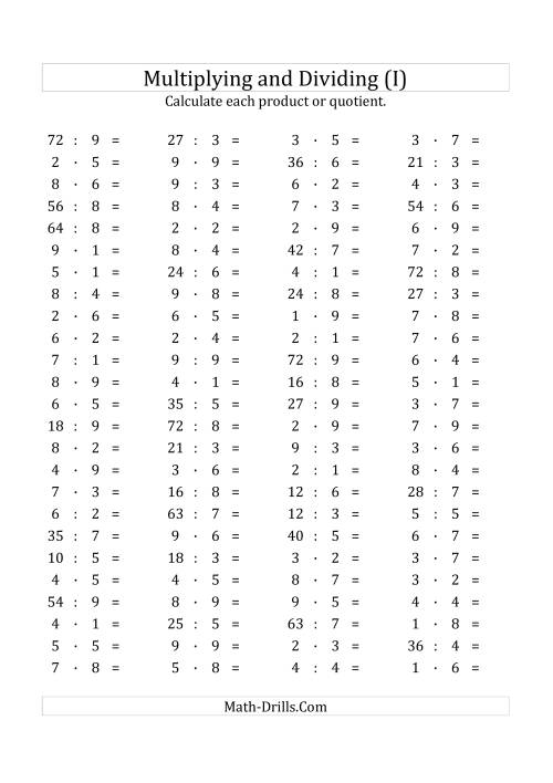The 100 Horizontal Multiplication/Division Questions (Facts 1 to 9) Euro Format (I) Math Worksheet