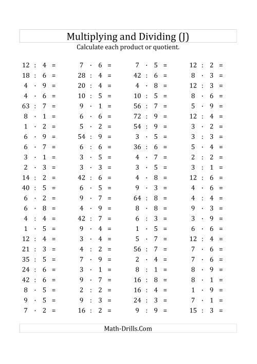 The 100 Horizontal Multiplication/Division Questions (Facts 1 to 9) Euro Format (J) Math Worksheet