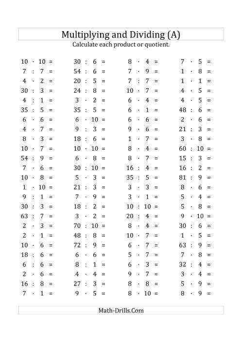 The 100 Horizontal Multiplication/Division Questions (Facts 1 to 10) Euro Format (A) Math Worksheet