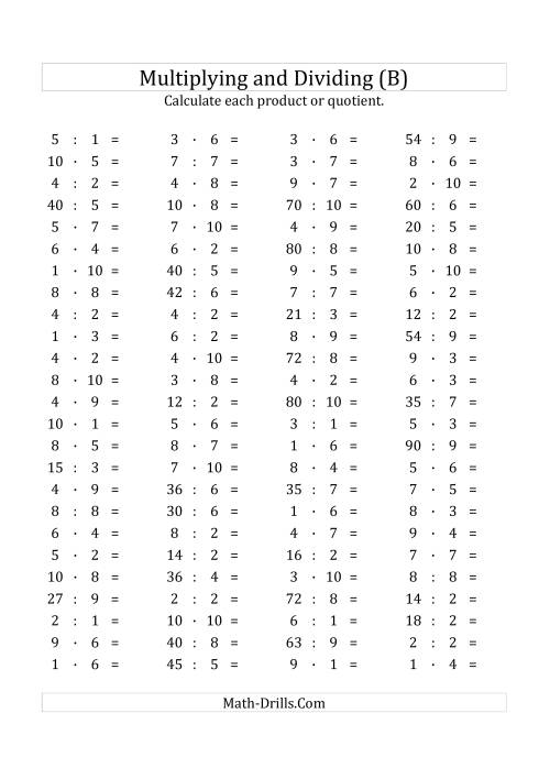 The 100 Horizontal Multiplication/Division Questions (Facts 1 to 10) Euro Format (B) Math Worksheet