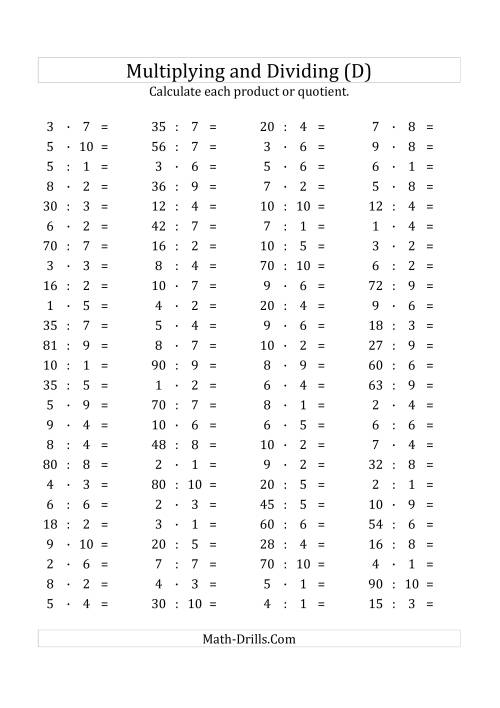 The 100 Horizontal Multiplication/Division Questions (Facts 1 to 10) Euro Format (D) Math Worksheet