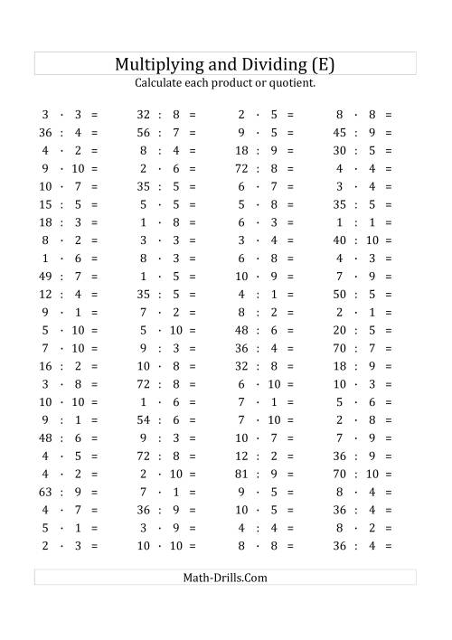 The 100 Horizontal Multiplication/Division Questions (Facts 1 to 10) Euro Format (E) Math Worksheet