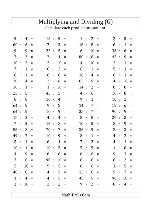 The 100 Horizontal Multiplication/Division Questions (Facts 1 to 10) Euro Format (G) Math Worksheet