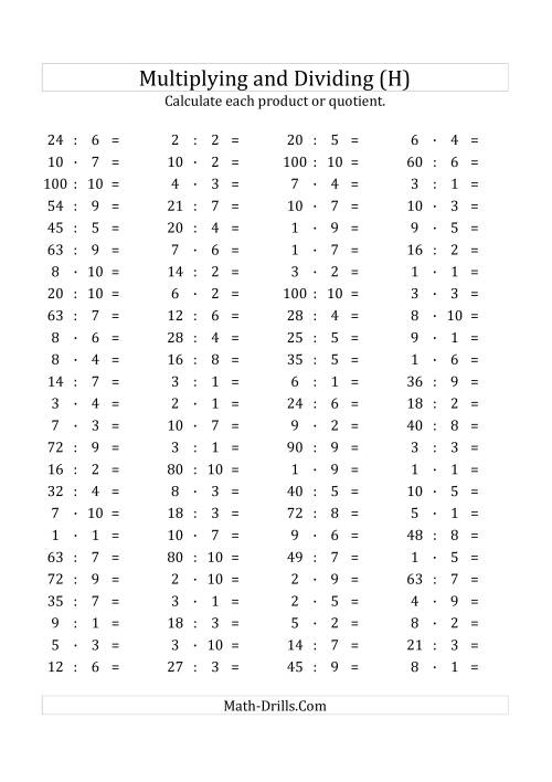 The 100 Horizontal Multiplication/Division Questions (Facts 1 to 10) Euro Format (H) Math Worksheet